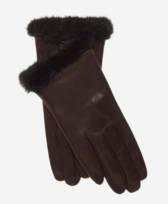 CS4616 (darkbrown) - Women's Italian Silk Lined Leather Gloves with Mink Cuff