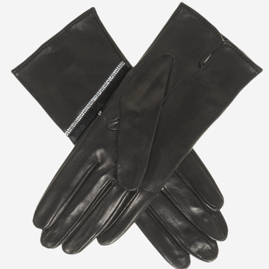 CS4628 (black) - Women's Italian Leather Gloves with Italian Silk lining and Swarovski Crystal Trim- Leather Gloves Online - Luxury Leather Gloves - 2