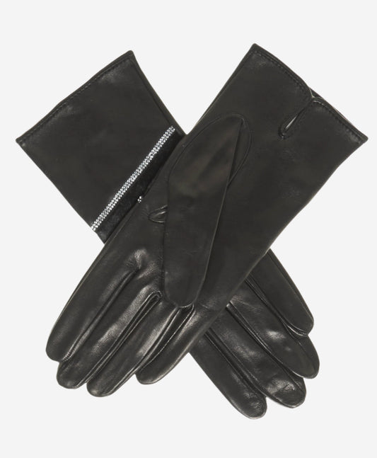 CS4628 (black) - Women's Italian Leather Gloves with Italian Silk lining and Swarovski Crystal Trim- Leather Gloves Online - Luxury Leather Gloves - 2