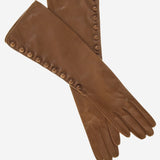 CS4820W8 (camel) - Elbow Length Silk Lined Lambskin Leather Gloves With Buttons- Leather Gloves Online - Luxury Leather Gloves - 1