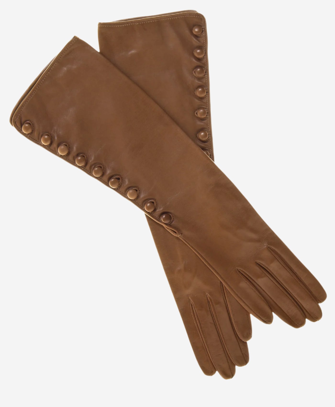 CS4820W8 (camel) - Elbow Length Silk Lined Lambskin Leather Gloves With Buttons- Leather Gloves Online - Luxury Leather Gloves - 1
