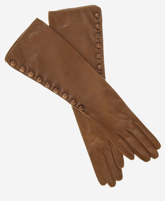 CS4820W8 (camel) - Women’s Italian silk lined elbow length lambskin leather gloves with buttons
