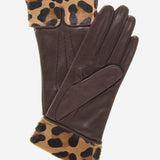 CS4837 (brown) - Women's Italian Silk Lined Lambskin Gloves with Leopard Print Pony Cuff