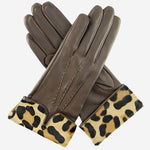 CS4837 (brown) - Women's Italian Silk Lined Lambskin Gloves with Leopard Print Pony Cuff- Leather Gloves Online - Luxury Leather Gloves - 2