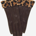 CS4837 (brown) - Women's Italian Silk Lined Lambskin Gloves with Leopard Print Pony Cuff- Leather Gloves Online - Luxury Leather Gloves - 1