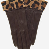 CS4837 (brown) - Women's Italian Silk Lined Lambskin Gloves with Leopard Print Pony Cuff- Leather Gloves Online - Luxury Leather Gloves - 1