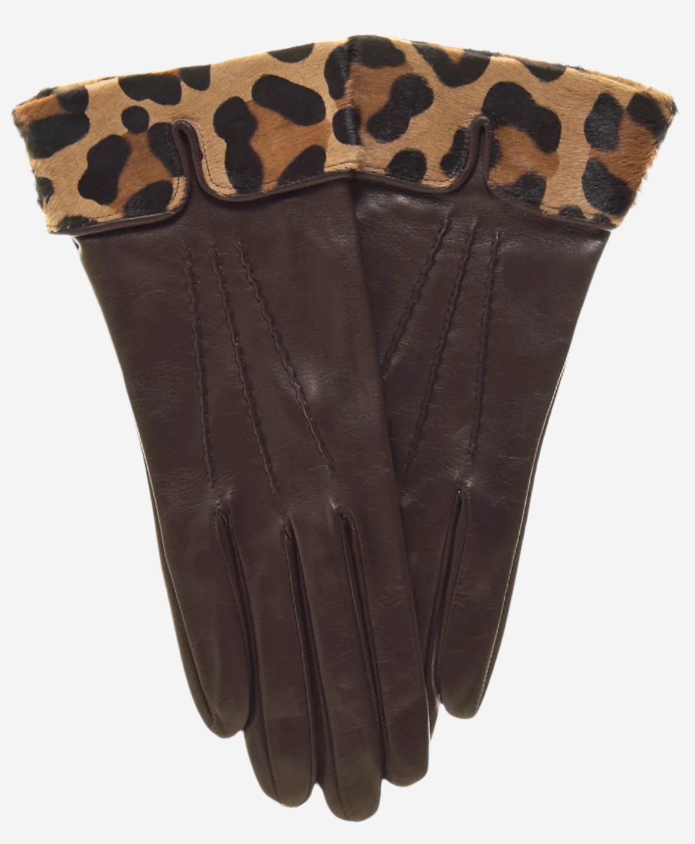 CS4837 (brown) - Women's Italian Silk Lined Lambskin Gloves with Leopard Print Pony Cuff- Leather Gloves Online - Luxury Leather Gloves - 1