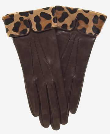 CS4837 (brown) - Women's Italian Silk Lined Lambskin Gloves with Leopard Print Pony Cuff- Leather Gloves Online - Luxury Leather Gloves - 1