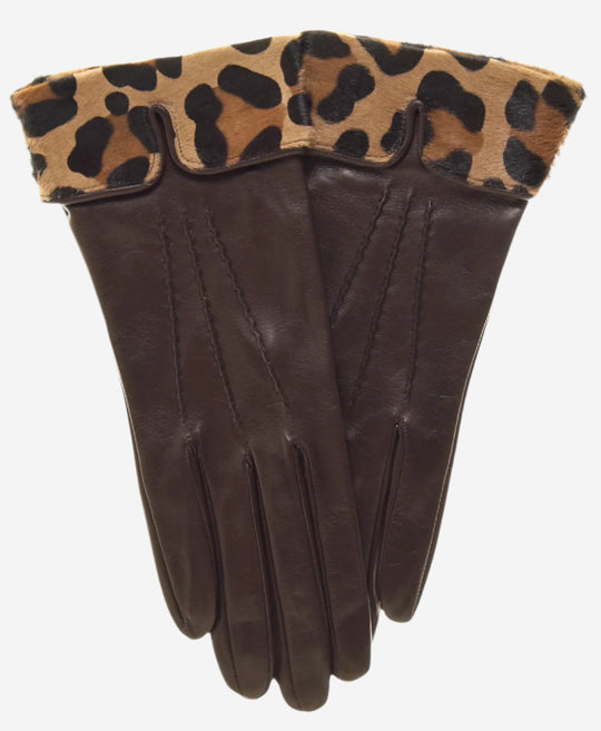 CS4837 (brown) - Women's Italian Silk Lined Lambskin Gloves with Leopard Print Pony Cuff