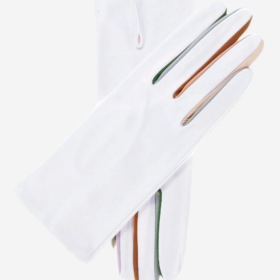 CS4841 (white) - Women's Italian Silk Lined Lambskin Gloves with Colorful Fourchettes- Leather Gloves Online - Luxury Leather Gloves - 1