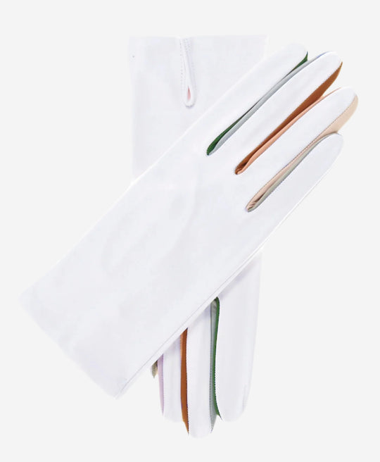 CS4841 (white) - Women's Italian Silk Lined Lambskin Gloves with Colorful Fourchettes