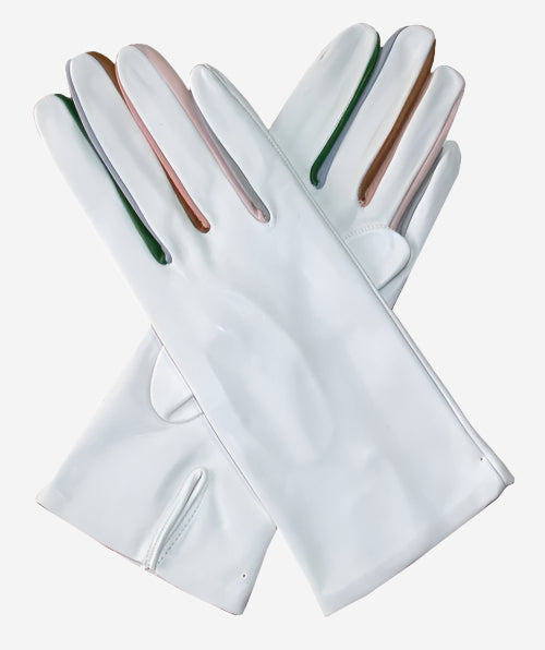 CS4841 (white) - Women's Italian Silk Lined Lambskin Gloves with Colorful Fourchettes- Leather Gloves Online - Luxury Leather Gloves - 2