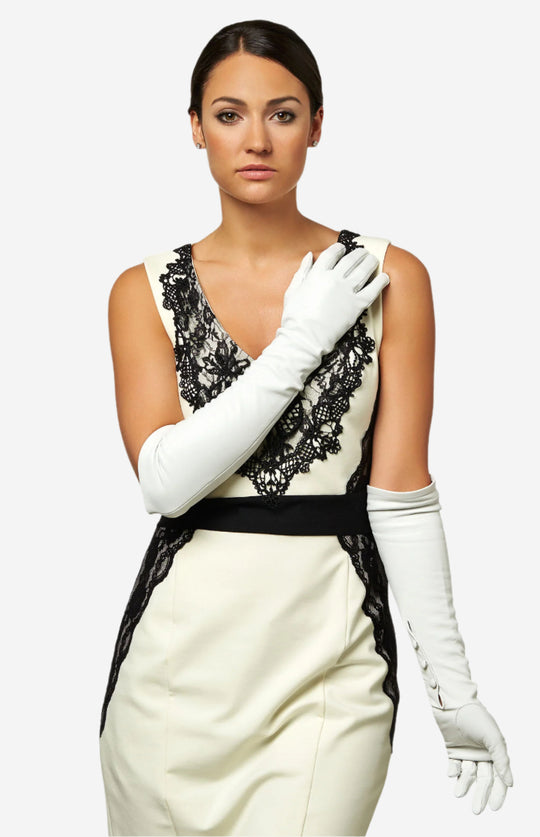 Angelina (ivory) - Italian silk lined 12-button length leather bridal / opera gloves