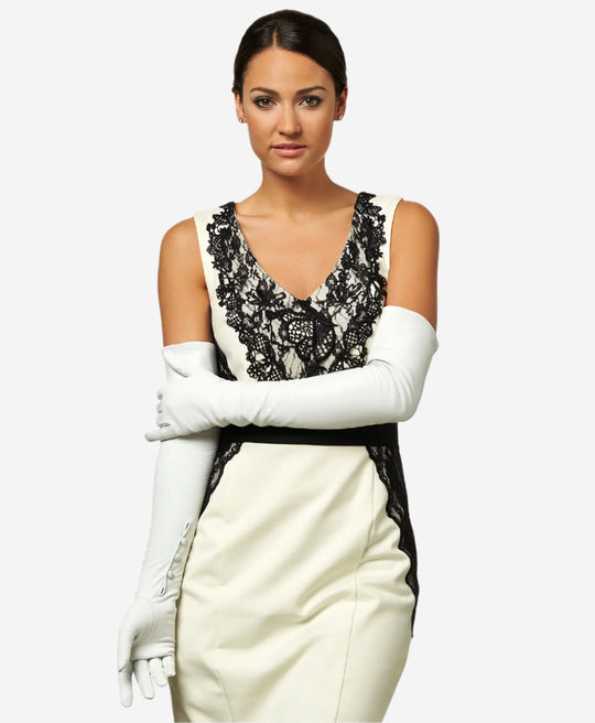 Angelina (ivory) - Italian silk lined 16-button length leather bridal / opera gloves