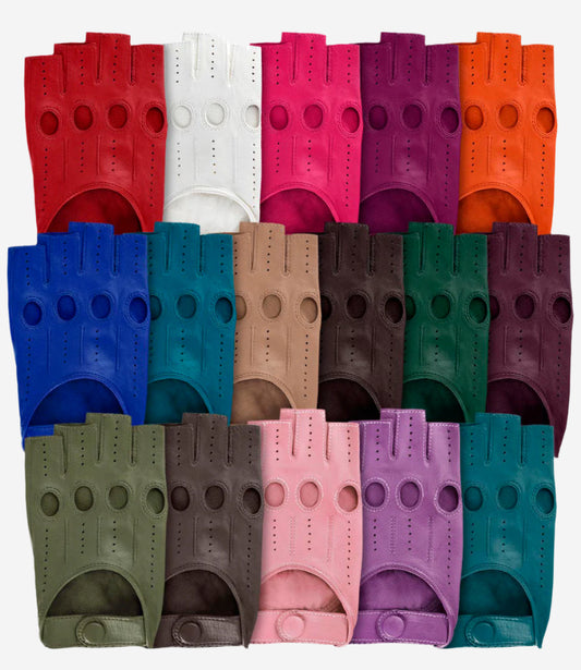 Rossana (hblue) - Italian fingerless lambskin leather driving gloves