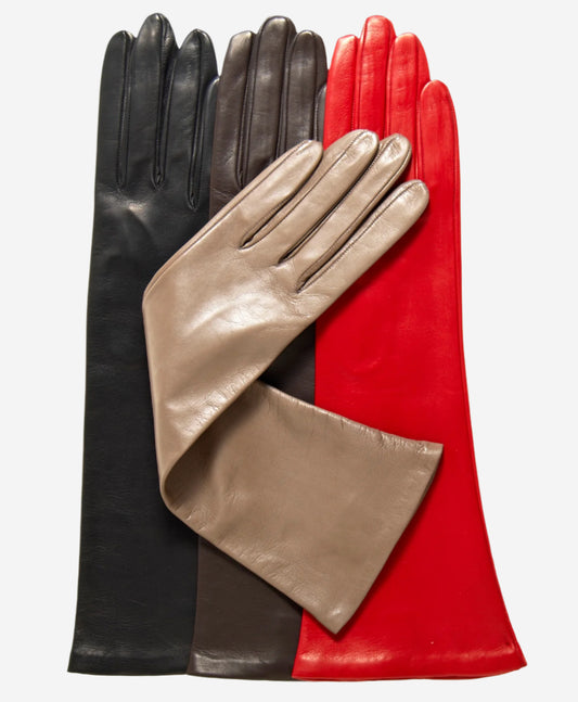 Elena (brown) - Italian silk lined 6-button length leather opera gloves