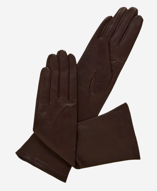 Elena (brown) - Italian silk lined 6-button length leather opera gloves
