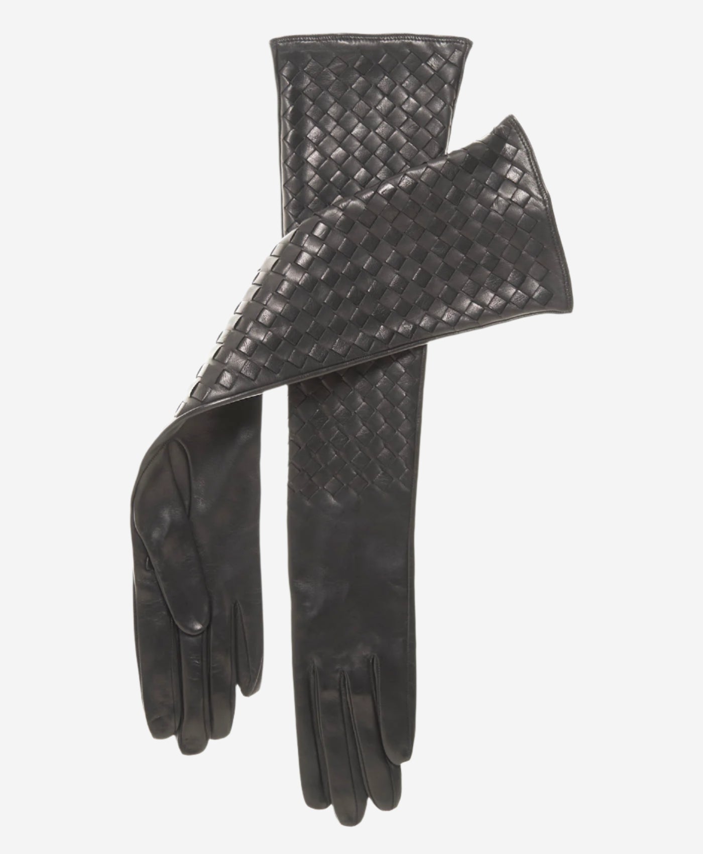 FS04W10 (black) - Italian Long Woven Black Leather Gloves - 10-Button Length - Leather Gloves Online - Luxury Leather Gloves - 1