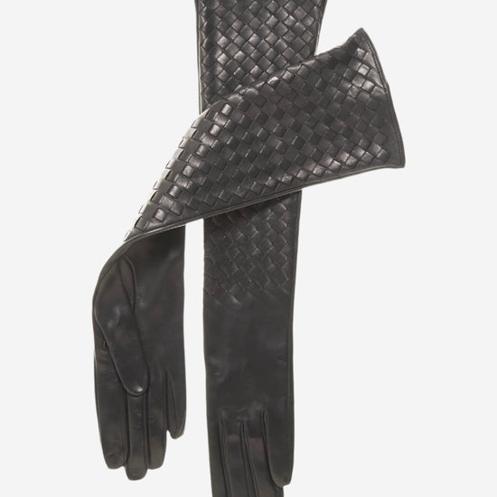 FS04W10 (black) - Italian Long Woven Black Leather Gloves - 10-Button Length - Leather Gloves Online - Luxury Leather Gloves - 1