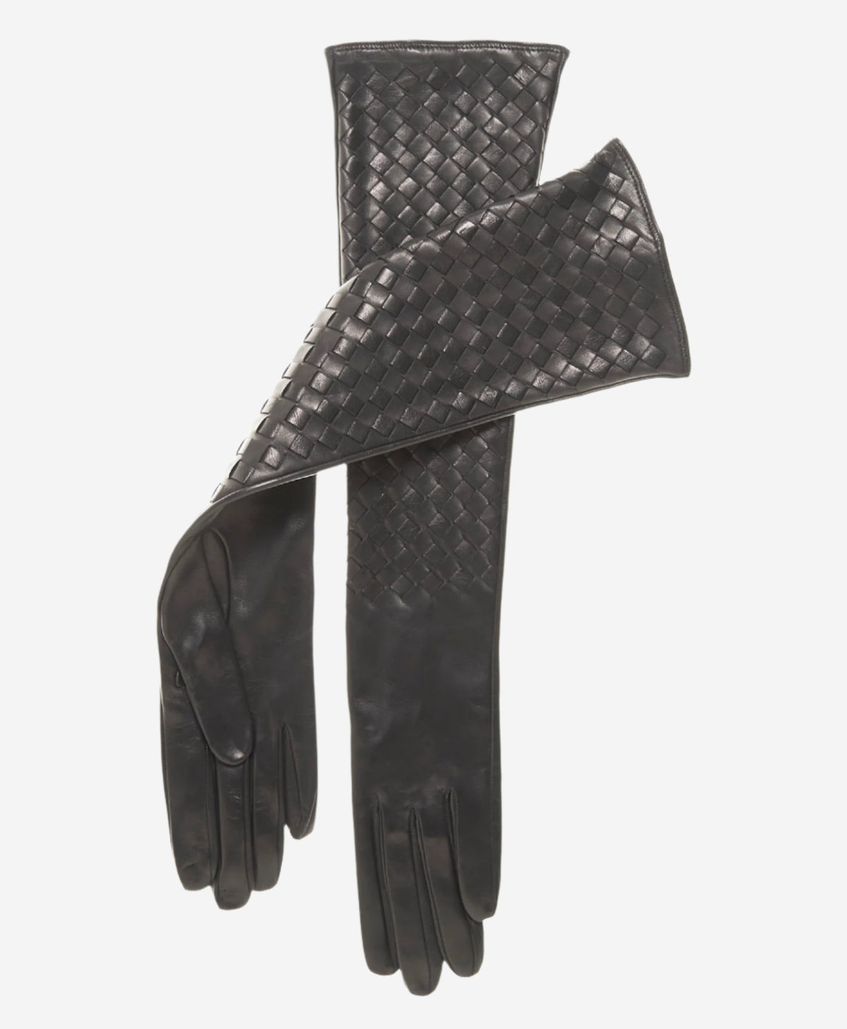 FS04W10 (black) - Italian Long Woven Black Leather Gloves - 10-Button Length - Leather Gloves Online - Luxury Leather Gloves - 1