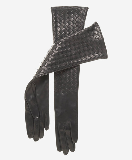 FS04W10 (black) - Italian Long Woven Black Leather Gloves - 10-Button Length