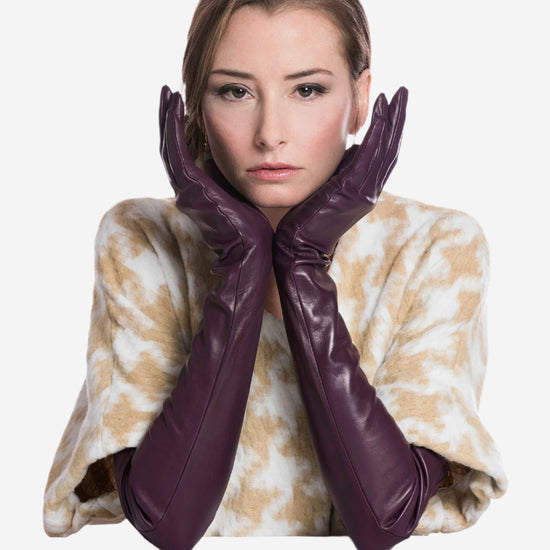 FS15W16 (black/grape) - Italian Silk Lined Opera Leather Gloves - 16-Button Length - Leather Gloves Online - Luxury Leather Gloves - 3