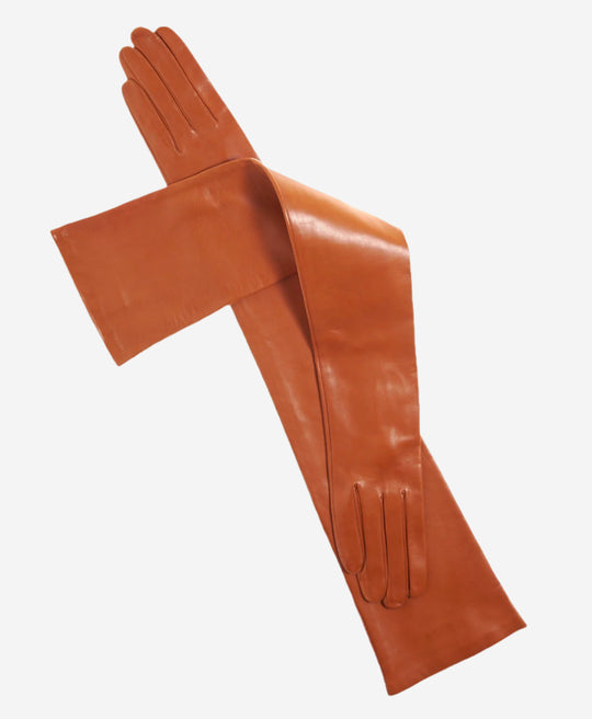 FS15W16 (cognac) - Italian Silk Lined Opera Leather Gloves - 16-Button Length