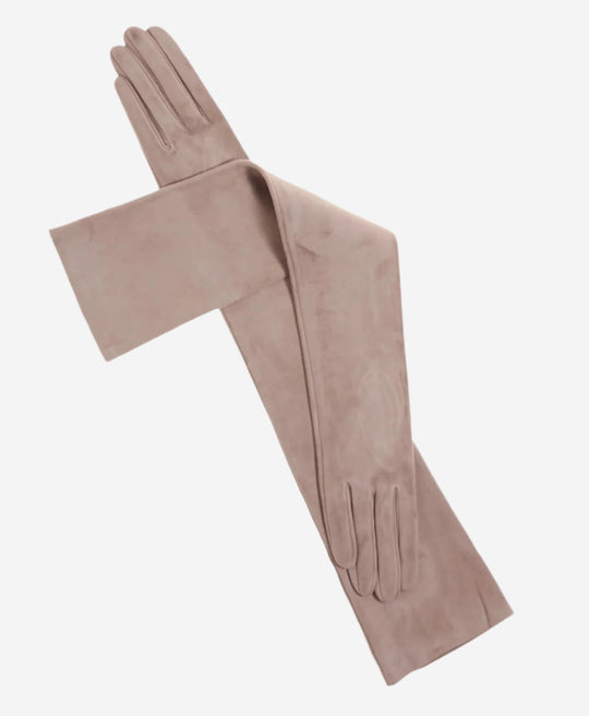 FS15W16SUEDE (taupe) - Italian Silk Lined Suede Opera Gloves - 16-Button Length