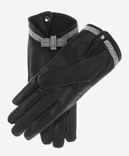 FS4321 (black) - Women's Italian Silk Lined Leather Gloves with Swarovski Crystal Bow