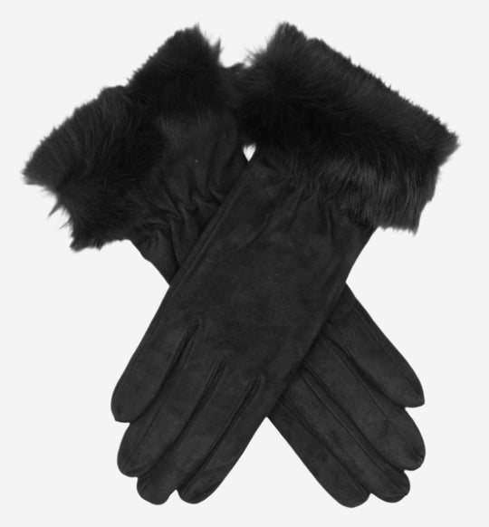 PA4125 (black) - Women's Winter Italian Merino Wool Lined Suede Gloves with Rabbit Fur Cuff
