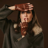 Rossana (cognac) - Italian fingerless lambskin leather driving gloves