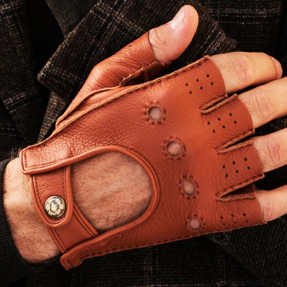 Fingerless Driving Gloves Men Brown Deerskin Handmade in Italy